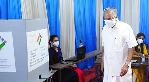 Kerala Chief Minister Pinarayi Vijayan arrives to cast his ballot at RC Amala Basic UP School in Kannur. (Photo | Express)