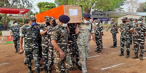 Mortal remains of CRPF's CoBRA battalion Jawan who lost his life in an encounter with Naxals in Sukma brought to Jagdalpur. (Photo | ANI)