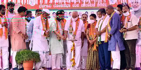 Karnataka Chief Minister B S Yediyurappa inaugurates a BJP election rally at Ramdurg. (Photo | EPS)