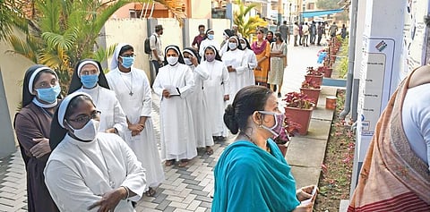 A group of nuns waiting for their turn to cast vote at St Mary’s Convent Girls’ High School on Tuesday | Albin Mathew