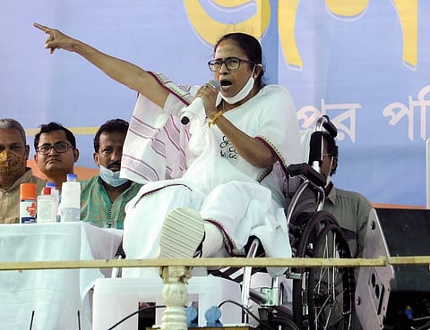 West Bengal CM and TMC supremo Mamata Banerjee addresses an election campaign rally for Assembly polls, at Baruipur in South 24 Parganas. (Photo | PTI)