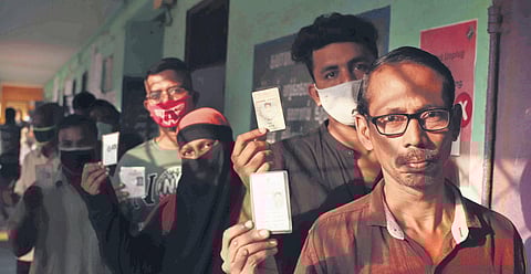 People standing in queue to cast their vote at New Washermenpet in Chennai on Tuesday | Sri Loganathan V