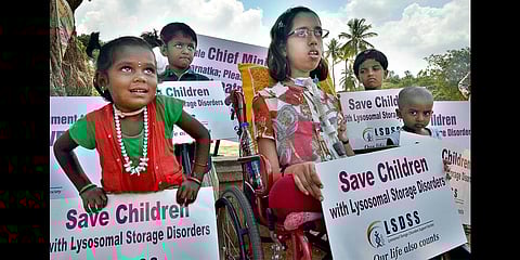File photo of children suffering from Lysosomal Storage Disorder protesting against the delay in setting up a treatment unit for rare genetic disorders at the Indira Gandhi Institute of Child Health.