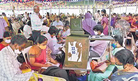 Polling personnel preparing for MPTC and ZPTC elections in Vijayawada on Wednesday I P Ravindra Babu