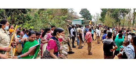 Odisha police stopping villagers of Kotiya at Odisha border in Vizainagaram district on Thursday | Express