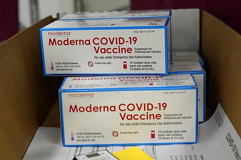 Boxes containing the Moderna COVID-19 vaccine are prepared to be shipped. (File Photo | AP)