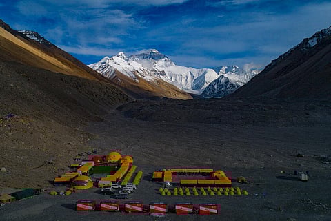 In this aerial photo released by Xinhua News Agency, the Mount Qomolangma, also known as Mount Everest, base camp is seen on May 25, 2020. (Photo | AP)