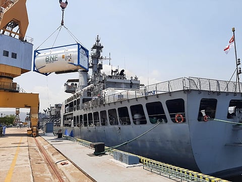 Covid relief supplies being unloaded from INS Airavat in Vishakapatnam. (Photo | Special Arrangement)