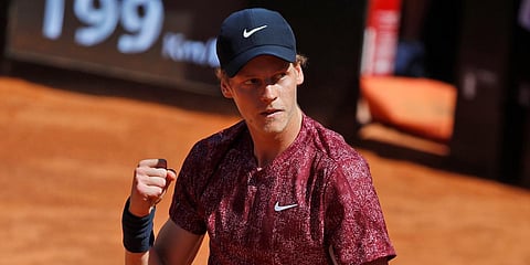 Jannik Sinner of Italy celebrates after beating Ugo Humbert of France 6-2, 6-4, at the Italian Open tennis tournament, in Rome. (Photo| AP)