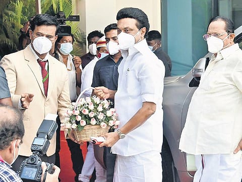 Chief Minister MK Stalin arrives for the swearing-in ceremony of newly elected representatives in Chennai on Tuesday | P Jawa har