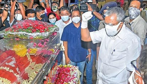 Chief Minister Pinarayi Vijayan paying homage to veteran Communist leader K R Gouri at Ayyankali Hall in Thiruvananthapuram on Tuesday | B P Deepu