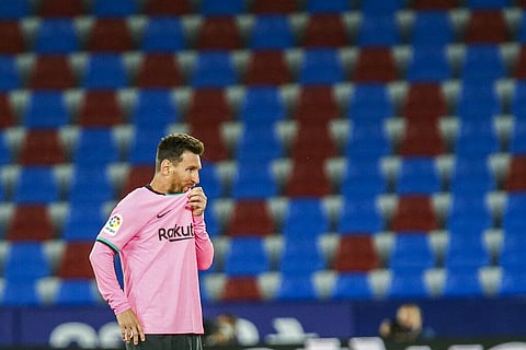 Barcelona's Lionel Messi reacts during the Spanish La Liga soccer match between Levante and FC Barcelona in Spain. (Photo | AP)