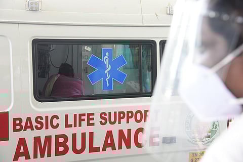 An ambulance near the RGGH in Chennai on Thursday. Express / R.Satish babu