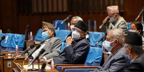 Pushpa Kamal Dahal, leader of the splinter group in the governing Nepal Communist Party attends a meeting of the parliament in Kathmandu. (File photo| AP)