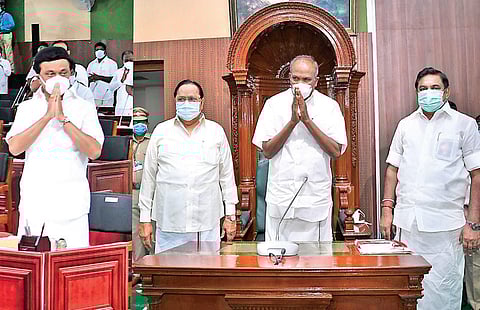 Speaker M Appavu flanked by Durai Murugan and Edappadi K Palaniswami;