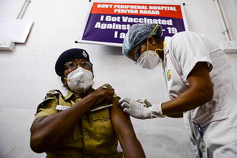 A health worker administers vaccine for COVID-19 at a vaccination center in Chennai. (Photo | Debadatta Mallick, EPS)