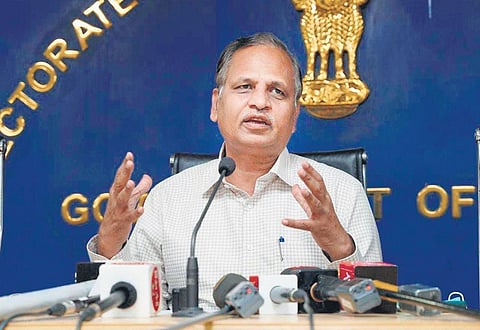 Health Minister Satyendar Jain during a press briefing on Thursday | Express