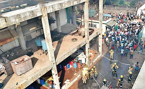 Fire and rescue personnel trying to douse the fire that broke out at a pesticide manufacturing unit in Cuddalore on Thursday | Exp ressessess