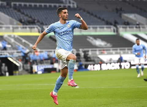 Manchester City's Ferran Torres celebrates after scoring goal against Newcastle United at St James' Park stadium, in Newcastle, England, Friday, May 14, 2021. (Photo | AP)