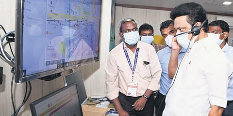 Tamil Nadu CM MK Stalin attending call at the war room in Chennai. (Photo| EPS)