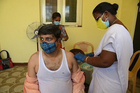 A man getting a jab at a special vaccination camp in pudupet, Chennai, on Monday. Express / R.Satish babu