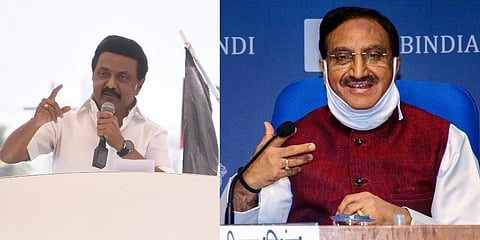 Tamil Nadu CM MK Stalin (left) and Union education minister Ramesh Pokhriyal (Photos | EPS, PTI)