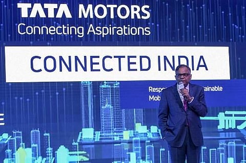 Chairman of Tata Sons and Tata Motors, Natarajan Chandrasekaran, speaks during the Auto Expo 2020 at Greater Noida . (AFP Photo)