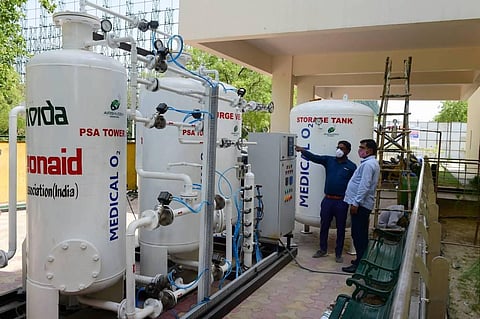 Engineers inspect an oxygen plant at a 50 bedded COVID-19 care centre. (Representational Photo | PTI)