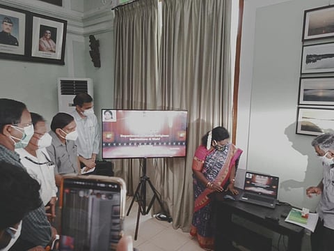 Puducherry Lt Governor Dr Tamilisai Soundararajan launches the Integrated Temple Management system at Raj Nivas on Wednesday
