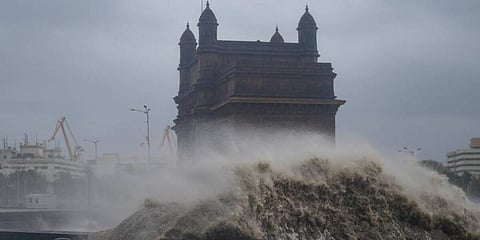 Strong sea waves near the Gateway of India as cyclone Tauktae approaches the coast of Mumbai. (Photo | PTI)