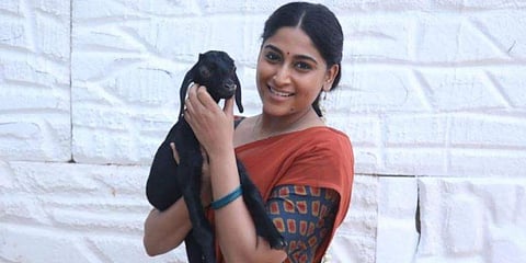 Nishvika Naidu on the sets of 'Guru Shishyaru'.