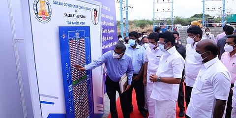 Authorities at Salem Steel Plant show around the newly inaugurated Covid care centre to TN chief minister MK Stalin on Thursday. (Photo | Express)