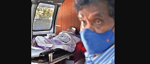 A black fungus patient is taken to ENT hospital in an ambulance in Hyderabad on Wednesday. (Photo | S Senbagapandiyan, EPS)