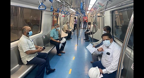 Bengaluru Metro Managing Director Rakesh Singh takes the metro to inspect the Mysuru Road-Kengeri Line on Thursday | Express