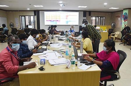 Staff hard at work at the war room at DMS campus in Teynampet. (Photo | Ashwin Prasath, EPS)