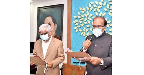 B Janardhan Reddy assumes charge as the Chairman of TSPSC, in Hyderabad on Friday