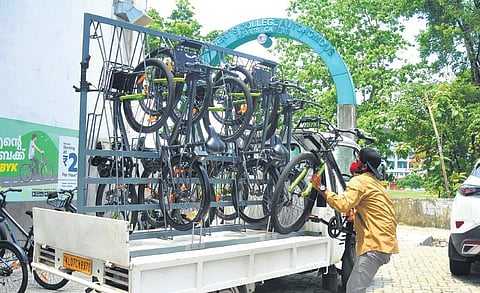 Unused MyByks being loaded on to a truck at JLN Metro station in Kaloor on Monday. The repairs will be done at the company’s godown in Vyttilla | A SANESH
