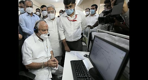 Chief Minister B S Yediyurappa at the BBMP war room at Domlur in Bengaluru, which he visited on Monday | EXPRESS
