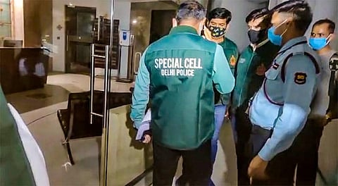 A team of Delhi Police's Special Cell visits the Twitter India's Lado Sarai office in connection with the probe into the alleged ''COVID toolkit'' matter. (Photo | PTI)