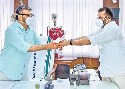Former speaker P Sreeramakrishnan greets successor M B Rajesh at the Speaker’s office in Thiruvananthapuram on Tuesday | PRD Photo