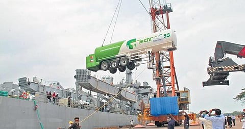 A container with Liquid Medical Oxygen being unloaded from at Mangalore Port on Tuesday