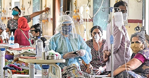Patients across age groups at a congested Covid-19 ward in Jawaharlal Nehru hospital in Ajmer. (Photo | PTI)