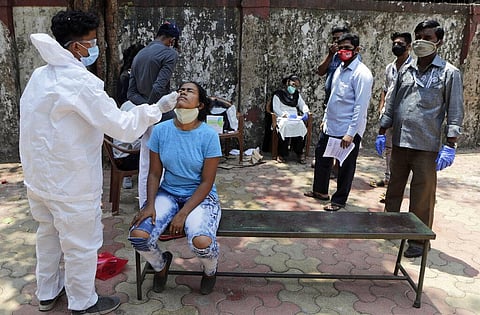 A health worker collects a swab samples to test for COVID-19 in Dharavi, one of Asia's largest slums, in Mumbai. (File photo | AP)