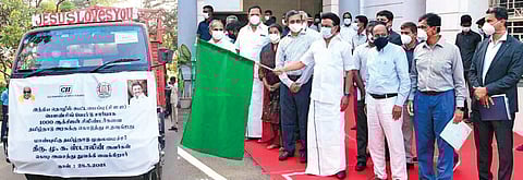 Chief Minister MK Stalin on Friday flagged off a vehicle carrying 750 oxygen cylinders, to hospitals in several districts