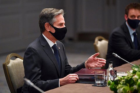 US Secretary of State Antony Blinken during bilateral talks with Japan's Foreign Minister Toshimitsu Motegi on the sidelines of a G7 foreign ministers meeting. (Photo | AP)