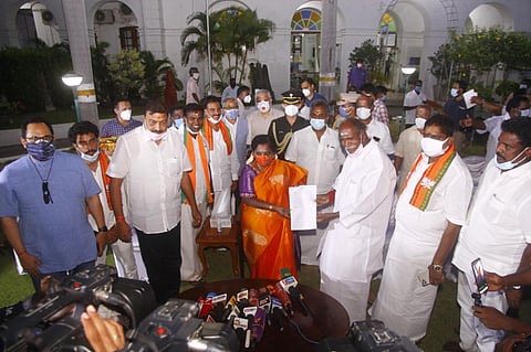 N Rangasamy calls on Lt Governor Dr Tamilisai Soundarajan at Raj Nivas and stakes claim to form a NDA government in Puducherry. (Photo | Special arrangement)