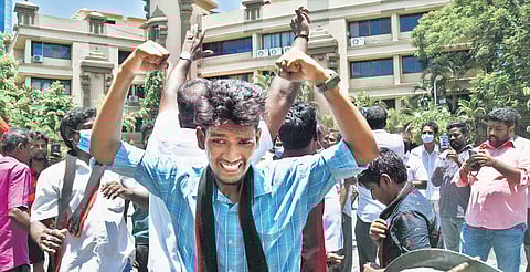 DMK functionaries celebrating victory at Anna Arivalayam, in Chennai | Ashwin Prasath
