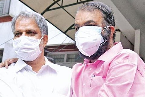 CPM state secretary A Vijayaraghavan greets LDF candidate V Sivankutty in front of AKG Centre in Thiruvananthapuram after he wrested Nemom from BJP on Sunday | Vincent Pulickal