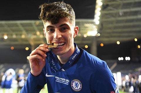 Chelsea's German midfielder Kai Havertz celebrates with his medal after winning the UEFA Champions League at the Dragao stadium in Porto on May 29, 2021. (Photo | AFP)