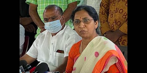 Former Telangana minsiter Eatala Rajender’s wife Jamuna addresses the media in Hyderabad on Sunday.